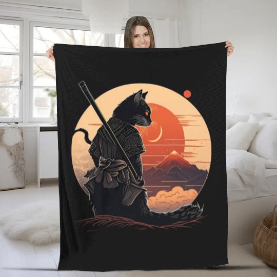Vintage Japanese Sunset Style And Samurai Cat Kitt Fleece Blankets