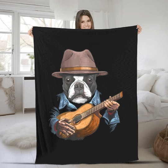 Boston Terrier Playing Guitar Pet Dog Lover Fleece Blankets