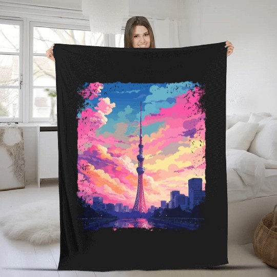 Vaporwave Skytree Tokyo Aesthetic Japanese Sight Fleece Blankets