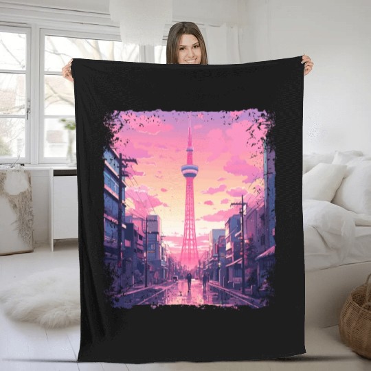 Aesthetic Vaporwave Skytree Tokyo Japanese Sight Fleece Blankets