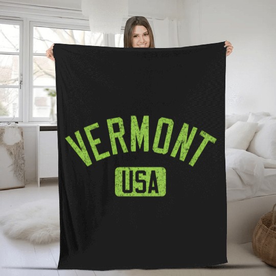 Vermont Usa Arched Text Distressed Lime Green Prin Fleece Blankets