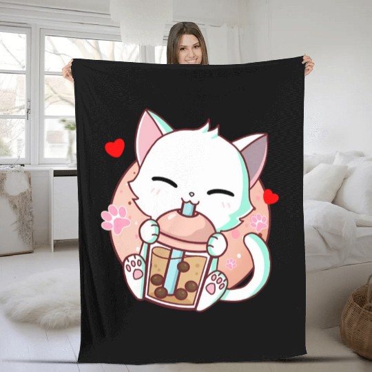 Cat Boba Tea Bubble Tea Kawaii Anime Japanese Fleece Blankets