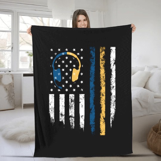 Gold Blue Line 911 Police Dispatcher First Fleece Blankets