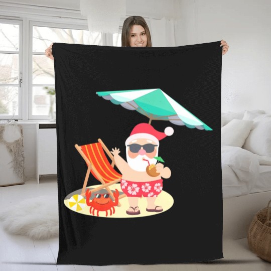 Santa Claus Beach Funny Summer Christmas In July Fleece Blankets