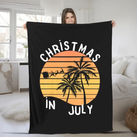 Christmas In July Santa Sledge Sunset Palm Summer Fleece Blankets