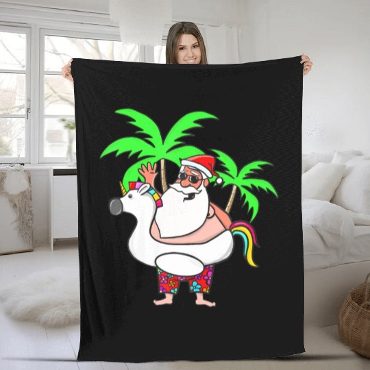 Christmas In July Santa on Vacation Unicorn Pool Fleece Blankets