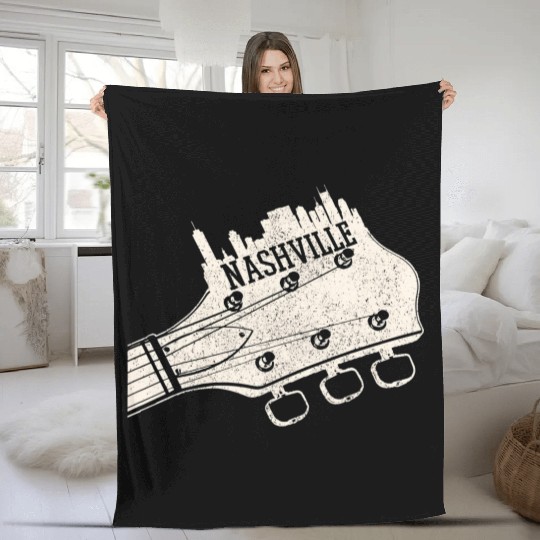 Nashville Guitar Skyline Country Music City Fleece Blankets