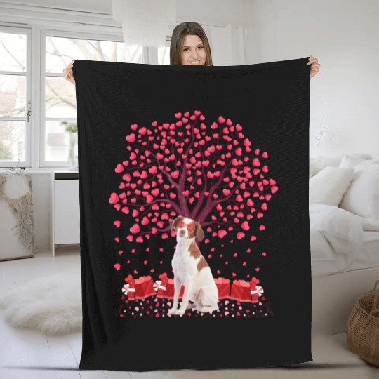 Heart Tree Brittany Spaniel Dog Valentine'S Day Fleece Blankets