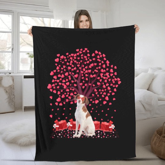Heart Tree Brittany Spaniel Dog Valentine'S Day Fleece Blankets