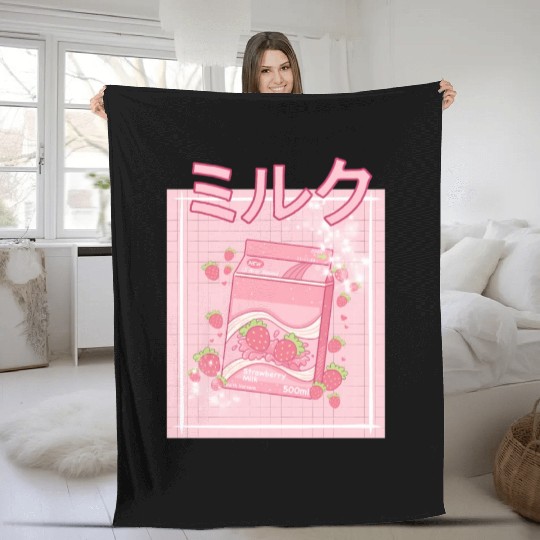 90S Japanese aii Strawberry Milk Shake Carton Fleece Blankets