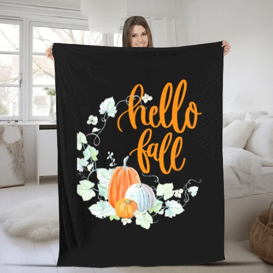Hello Fall, Autumn leaves, Pumpkins and fall Fleece Blankets