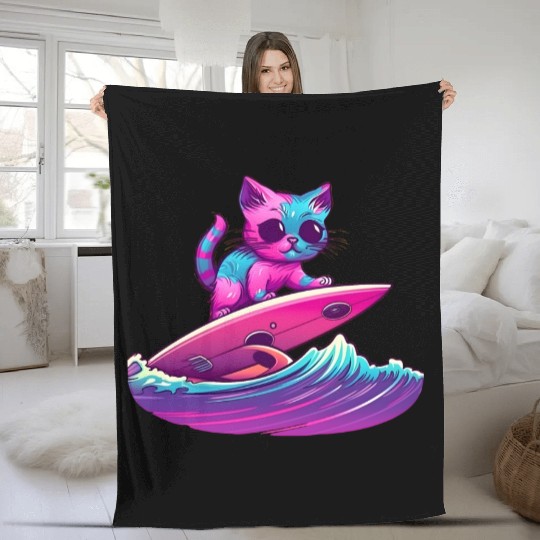 Synthwave Surfing Cat Fleece Blankets