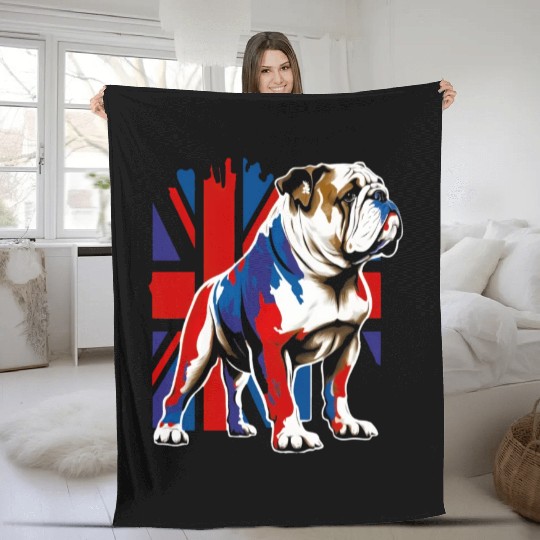 British Bulldog With Union Jack Flag King Charles Fleece Blankets