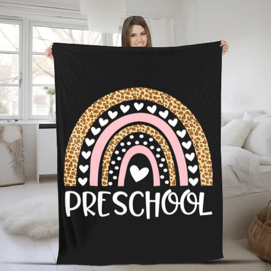 Preschool Teacher Leopard Rainbow Teacher Back To Fleece Blankets