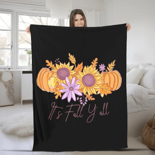 It's Fall Y'all Watercolor Pumpkin Autumn Leaves Fleece Blankets