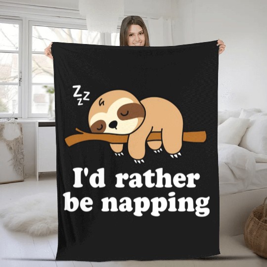 Sleeping Lazy Sloth I'D Rather Be Napping Nap Fleece Blankets
