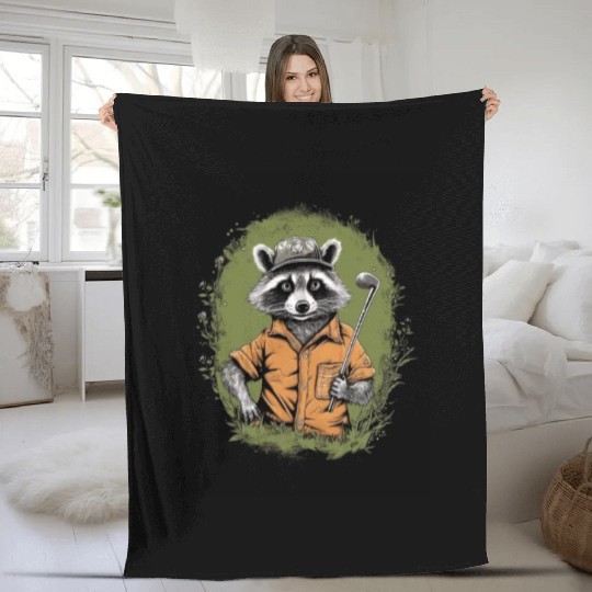 Golfer Raccoon Golf Club Golf Player Golfing Fleece Blankets