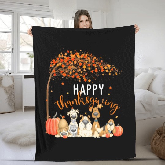 Cute Dogs Autumn Leaves Pumpkin Happy Fleece Blankets