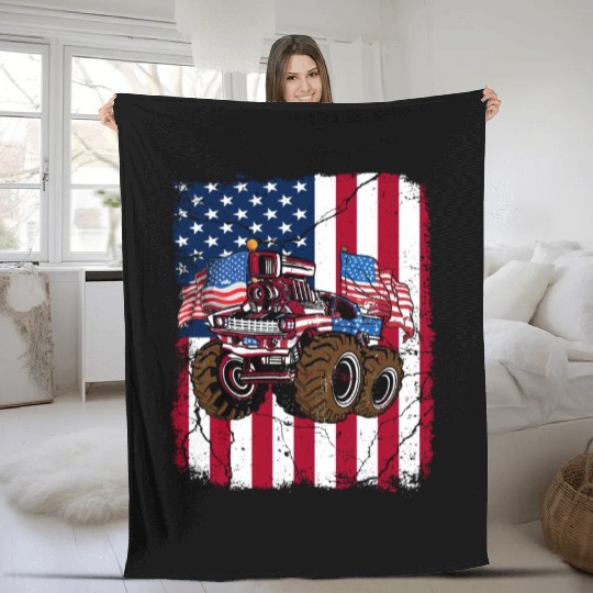 US Patriot American Monster Trucks USA Fan Fleece Blankets
