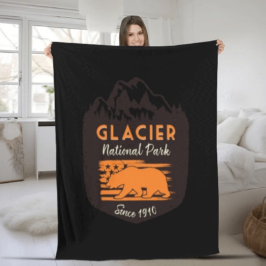 Glacier National Park Us Flag Grizzly Bear Fleece Blankets