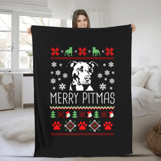 Pitbull Merry Pitmas Ugly Fleece Blankets