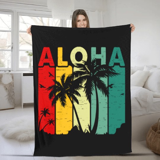 Retro Aloha Hawaii Tropical Summer Palm Tree Hawai Fleece Blankets