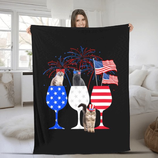 Cat 4Th Of July Red White Blue Wine Fleece Blankets