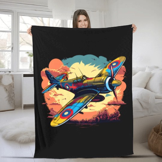 Spitfire Airplane Vintage Pilot Aviator Military Fleece Blankets