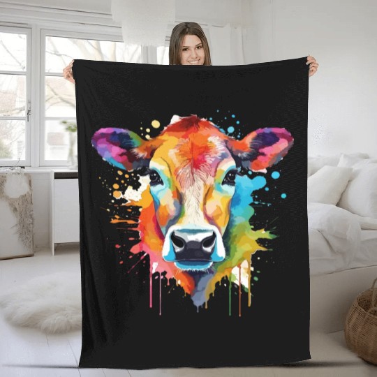 Serene Pasture - Watercolor Style Cow Art Fleece Blankets