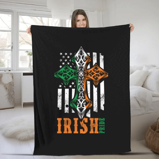 Irish American Flag Celtic Cross Fleece Blankets