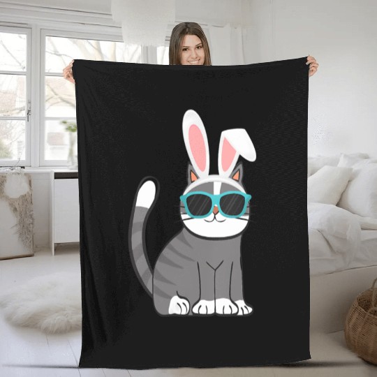 Happy Easter Cat With Bunny Ears And Glasses Fleece Blankets