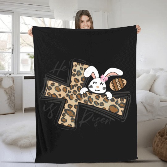 Happy Easter He Is Risen Jesus Cross Easter Bunny Fleece Blankets