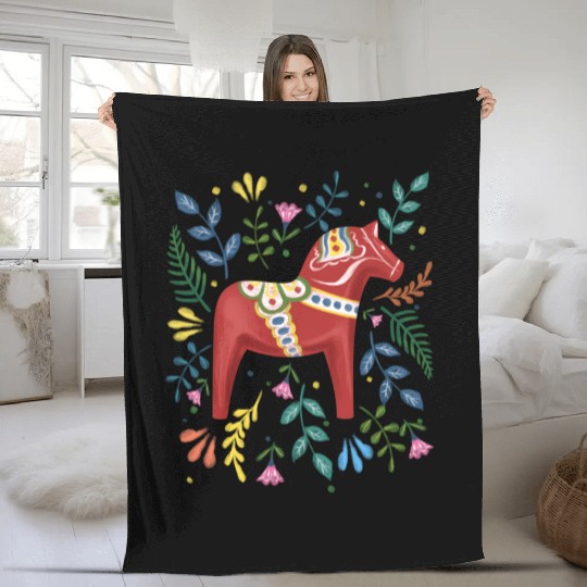 Swedish Dala Horse Folk Sweden Flag Dalahelmsoljd Fleece Blankets