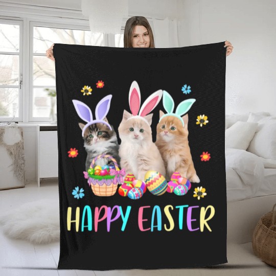 Happy Easter Three Cat Wearing Bunny Ear Kitty Fleece Blankets
