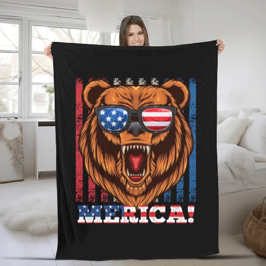 Merica Independence Day American Bear USA Party Fleece Blankets