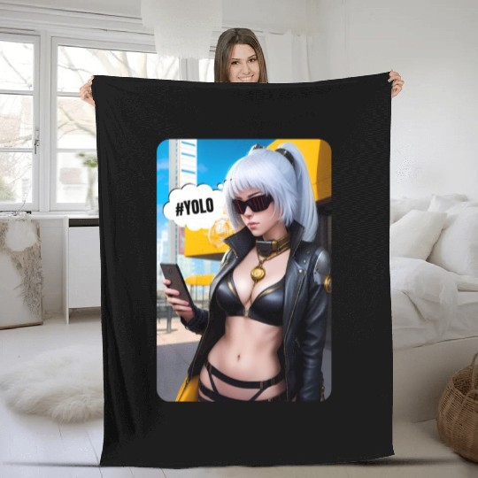 Cyberpunk Waifu Influencer Design 2 Fleece Blankets