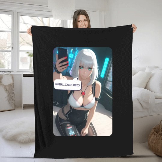 Cyberpunk Waifu Influencer Design 1 Fleece Blankets