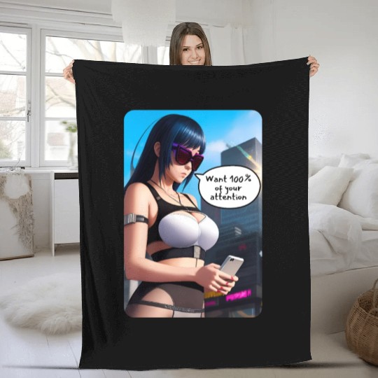 Cyberpunk Waifu Influencer Design 8 Fleece Blankets