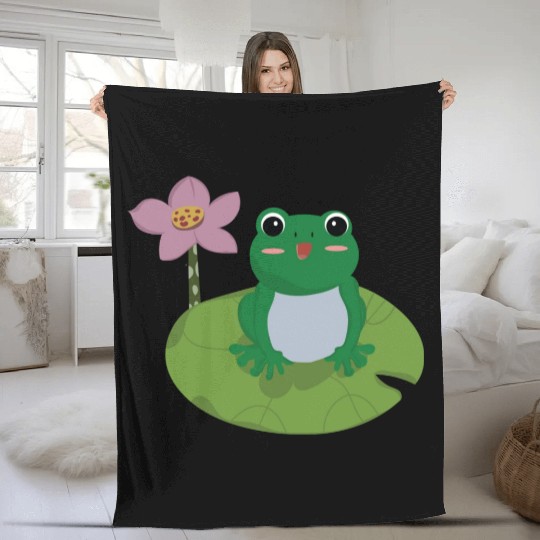 Green Frog on Lotus Leaf vector. Fleece Blankets