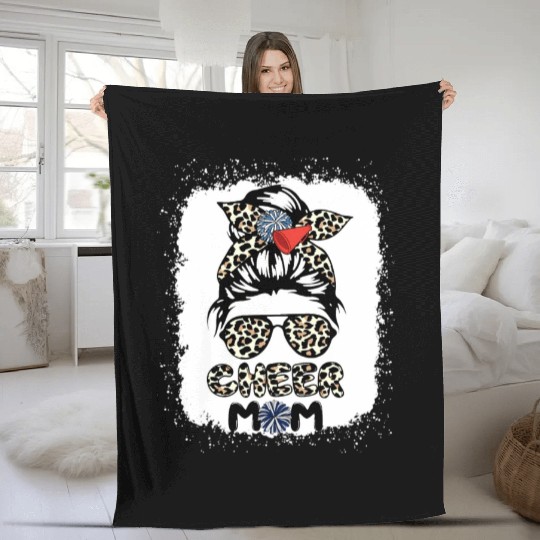 Cheer Mom Leopard Messy Bun Cheerleader Bleached M Fleece Blankets