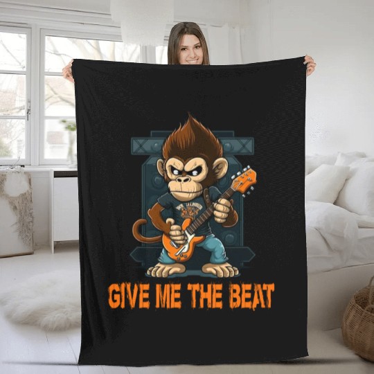 Monkey Chimpanzee Playing Acousitc Rock Guitar Fleece Blankets