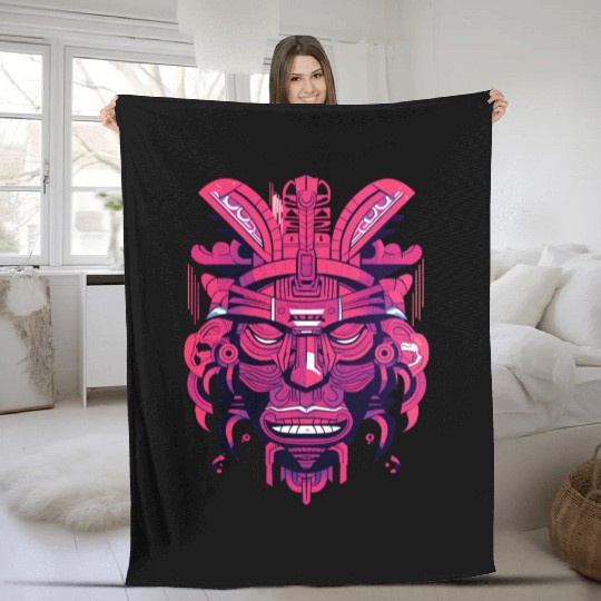 Ancient Aztec Mask in magenta Fleece Blankets