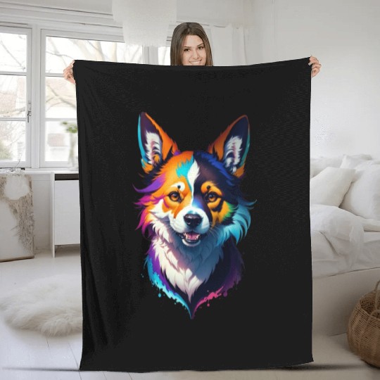 colorful rainbow realistic corgi dog design Fleece Blankets