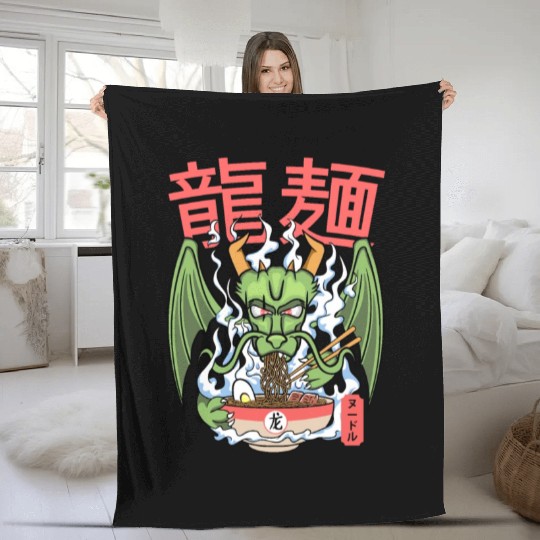 Dragon ramen noodles bowl Kawaii monstrous lizard Fleece Blankets
