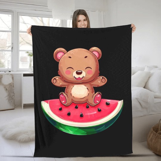 Bear Sits on Watermelon - Cute Nature Design Fleece Blankets