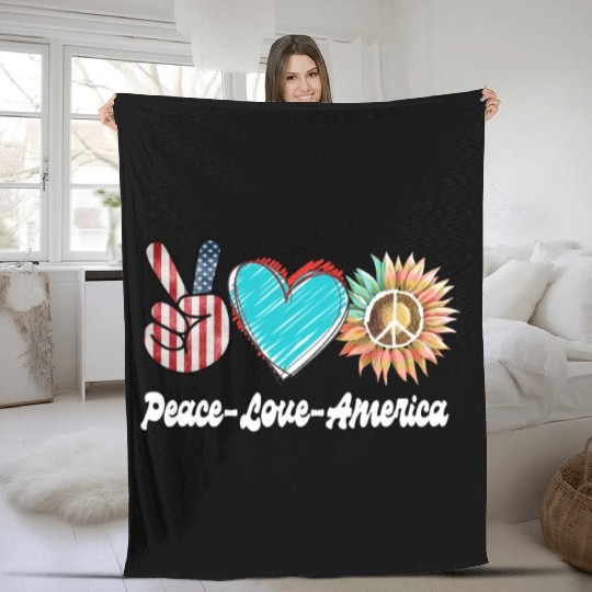 Peace Love America US Flag Fourth Womens JULY 4TH Fleece Blankets