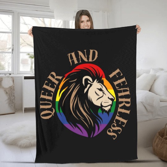 LGBTQ Queer and Fearless, Lion with Rainbow Flag Fleece Blankets