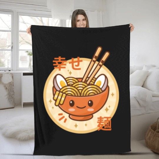 Kawaii Ramen Noodle Bowl Orange Fleece Blankets