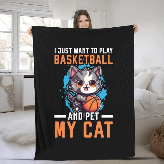 Basketball Cat Basketball Player I Love Basketball Fleece Blankets