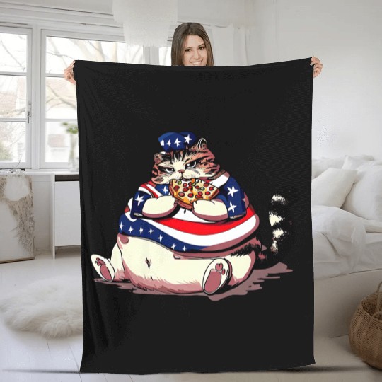 Fat American pizza cat Fleece Blankets